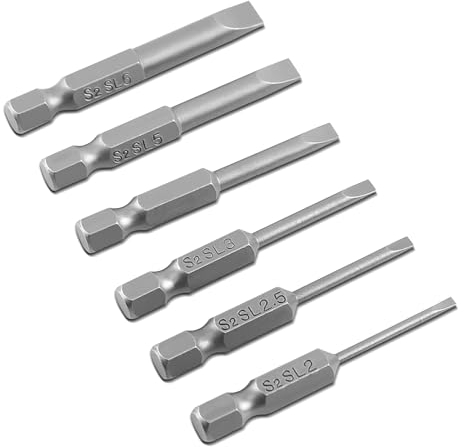 6pcs 50mm 2.0-6.0mm 0.25 Flat Head Slotted Screwdriver Bits Set, Hex Shank S2 Alloy Flat Head Magnetic Tip Slotted Screwdriver Bits