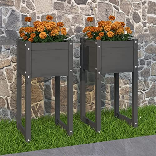 WIFESE JardinièRes 2 Pcs Gris 40x40x81 Cm Bois Massif De Pin Jardinieres Exterieur JardinièRe sur Pieds Potager Bac A Fleurs Rectangulaire Potager Surleve Jardiniere Bois