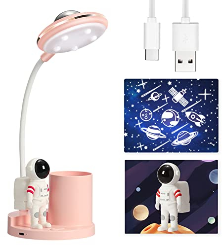 kieyeeno 3-in-1 Kinder Schreibtischlampe mit Stifthalter und Sternprojektion, Wiederaufladbare Nachttischlampe, Dimmbare LED Leselampe für Kinder, Rosa, ABS, PMMA, Metall