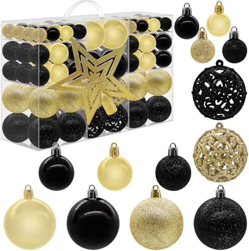 Christmas Baubles, Christmas Tree Decorations Ornaments Balls 100pcs Mixed 3/4/6cm with a Tree Topper, Shatterproof Hanging Bauble Set for Xmas Holiday Party, Gold Black
