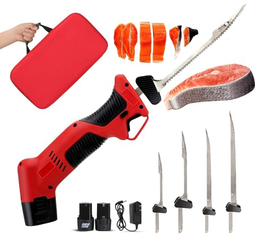 Sladdlös elektrisk filékniv för fisk, laddningsbar fiskfilékniv med 4 Ti-Nitrid S.S.-belagda non-stick fram- och återgående blad, elektrisk snidkniv, säkerhetslås, halkfritt grepphandtag