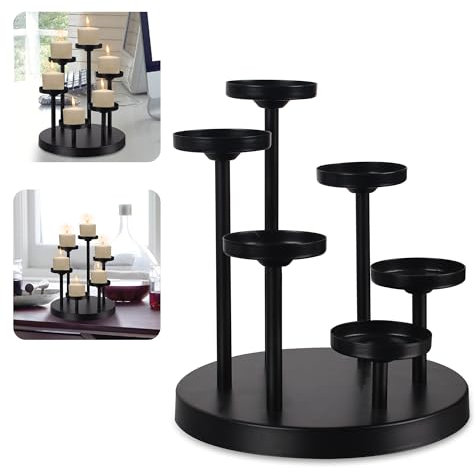 yucanucax Teelichthalter mit 6 Armen, Metall, schwarz, Kerzenhalter, Set mit 6 Teelichtern, für Esszimmer, Tischdekoration, dekoratives Tablett