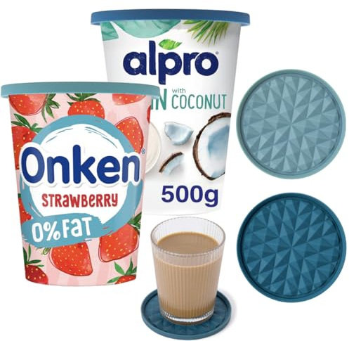 Wingcases - Yoghurt Pot Lids ONLY Fit 9.5cm Diameter Pots(2 Sets, Dark blue & Light blue) Reusable Silicone Large Tops, Reversible to Coaster, for 9.5cm Yogurt, Cream Pots