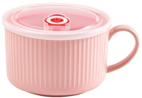 Jarsense Soup Bowl with Handle, 1000ml Ramen Bowl with Lid, Ceramic Portable Cereal Noodle Bowl Microwave Breakfast Salad Bowls, Pink