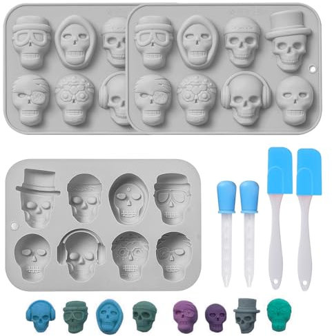 RAFIYU 7 Moules à Bonbons en Silicone, Halloween Moules à Chocolat en Silicone, Moule À Glaçons Crâne en silicone pour Bonbons GeléEs Chocolats GlaçOns, Livré 2 Compte-Gouttes et 2 Spatule
