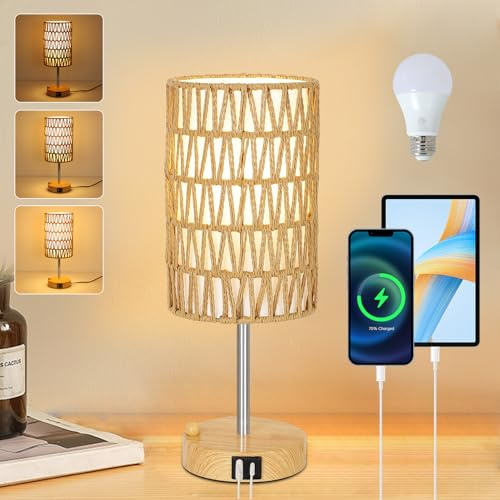 Rayofly Nachttischlampe Touch Dimmbar, Nachttischlampe mit Ladefunktion USB A+C-Anschlüssen, Vintage Tischlampe mit Rattan Lampenschirm & LED Glühbirne, Boho Touch Lamp für Schlafzimmer, Wohnzimmer