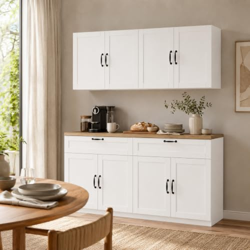 PREMTURE Küchenschrank Weiß 150cm mit Eichenarbeitsplatte – Küchenbuffet mit 2 Türen, 1 Schublade & Mikrowellenfach, 91cm hoch – Kücheninsel als Unterschrank & Buffetschrank, 150×91×80cm
