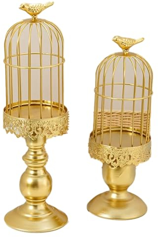 Bahwphry 2 Stück Retro Vogelkäfig Kerzenhalter Metall Kunst Kerzenständer Hochzeit Zuhause Tische Mittelstücke Dekoration Gold