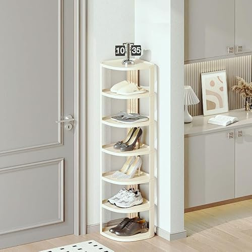 Accmuzzy Schuhregal Schmal mit 7 Ebenen,Platzsparendes Kunststoff Schuhregal Schmal und Hoch,Verstellbarer Schuhständer für Ecke,Flur Wohnzimmer,Badezimmer,Eingänge Cremefarben (7)
