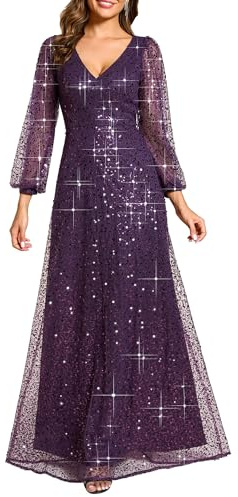 Ever-Pretty Abiti da Sera Donna Elegante Manica Lunga Slim Vita Alta Brillantini Tulle Vestito da Cerimonia Maxi Lungo Abita da Cocktail Viola Scuro 40