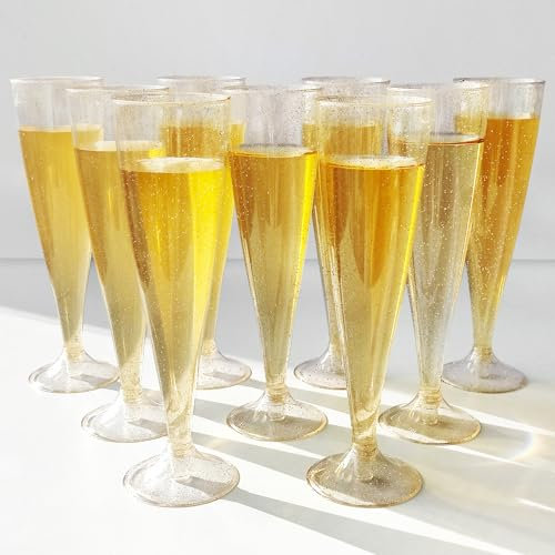 LYLIDIA 30 Pezzi Flute Plastica Bicchieri Vino 135ml Calici Plastica Calice Glitter oro Calici da Vino Plastica Cocktail Bicchieri Flute da Champagne Riutilizzabili per Feste Natale