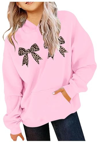 SoLu DAY8 Hoodie Kids Girls Age 3-12 Years Trendy Graphic Leopard Bow Sweatshirt for Teen Girls Winter Long Sleeve Tops PuLover Cute Cartoon Comfy Casual Vacation Blouse (7-8 Years) Pink
