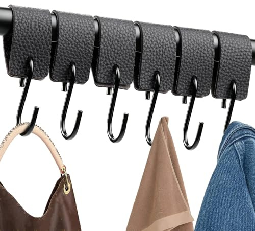 TXXATX 6 Stück SHaken Schwarz mit Lederschlaufe für Kleiderschrank - Metallhaken für Bad und Küche