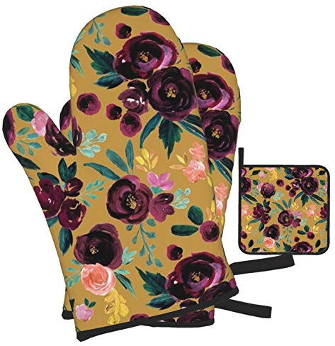 4 Stück Ofenhandschuhe Set Pflaumenblüte Auf Gold Grillhandschuhe Hitzebeständige Topfhandschuhe Küchendekoration Ofenhandschuhe Kitchen, Für Grillen, Cafe, BBQ