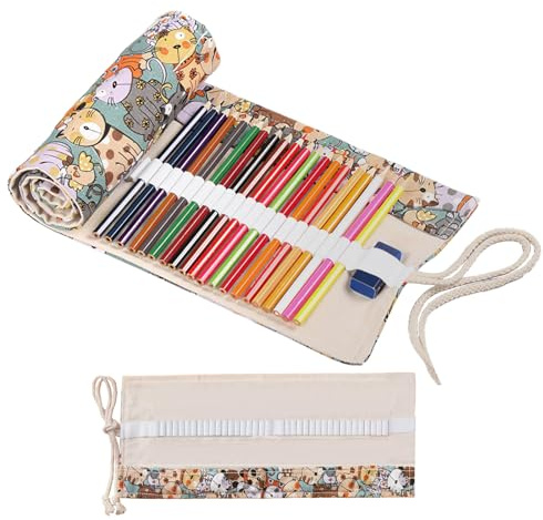 Fatiya Estuche enrollable de lona con 36 ranuras, soporte para rollo de lápices de colores para artistas, organizador portátil para marcadores, dibujo, colorear, suministros de bocetos (gato