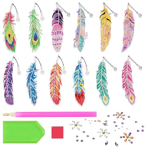 BDSHUNBF Diamond Painting Lesezeichen Kinder Erwachsene, 12 Stück Basteln 6-12 Jahre, Bastelset Kinder Spielzeug ab 6 Jahre Geschenke für Mädchen DIY Diamant Malerei Lesezeichen mit Anhänger Kristall