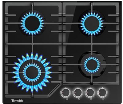 TOPWISH placa de gas butano, placa de gas 4 fuegos, con blanco mando giratorio iluminado, NG/LPG convertible, válvulas de seguridad, encendido eléctrico, 8000W, 60cm