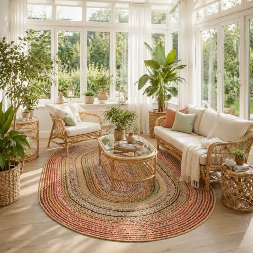 Pergamon Oval Jute Teppich Salsa Bunt mit Baumwolle - Handgefertigt aus strapazierfähiger Naturfaser - Schlichtes Design mit geflochtenem Muster - Verschiedene Größen verfügbar