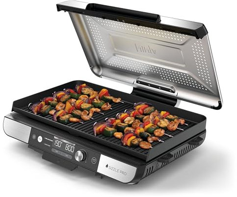 Ninja Sizzle Pro XL Parrilla y plancha para interior, con placa de parrilla y plancha cerámicas antiadherentes, tapa desmontable, recogegrasas y guía de recetas, color plateado/negro GX101EU