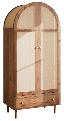 Eleganter Kleiderschrank mit Stofftüren & Schublade, Garderobe – Walnussoptik, stabile Holzfüße, praktischer Stauraum für Kleidung & Accessoires – ideal für Schlafzimmer, Gäste- oder Ankleidezimmer