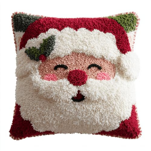 ANSIWEIGO Le Coussin au Point Noué 43x43cm avec Tapis à Broder - Kit Créatif Complet Crochet & Broderie (Housse, Loquet, Cadeau Fait Main) - le père Noël
