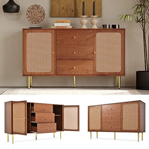 BTM Sideboard Kommode mit 2 Türen und 3 Schubladen, Rattan Türkommoden mit Schubkasten, Verstellbare Ablage, für Wohnzimmer Schlafzimmer, Nussbaum-H90/B150/T40 cm