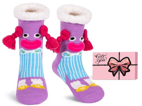 HERYEBING Chaussettes Chaussons Femme Chaussette de Noel avec en Boîte Cadeau, Chaussettes Chaud Antidérapantes pour Hiver Thermiques, Cadeaux De NoëL Amusants, Chaussette Drole Violet