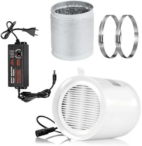 Moonjor Ventilador de conducto en línea de 100 mm, extractor de 12 V CC, kit de ventilador axial con manguera de conducto de 2 m, regulador para baño, garaje, oficina, tienda de campaña, cocina