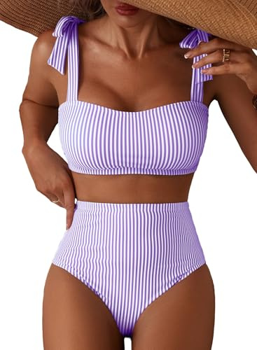 Herseas Women's Striped Adjustable Tie Shoulder Bikini Set Full Coverage Swimsuits High Waisted Two Piece Bathing Suits Flattering Stretchy Cruise Essentials Small
