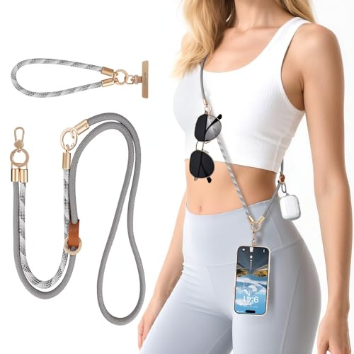 memumi 3-i-1 360° roterande telefonrem, axelrem, nack-/handledsrem för iPhone 17Pro Max/alla telefoner, stöldskyddsrem för telefon, grå