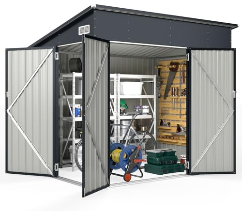 GOPLUS Cobertizo de Jardín Estanco con Puerta Corredera y Ventanas, 235 x 117 x 185 cm，Metal Galvanizado, Almacenamiento para Dispositivos, Herramientas de Jardinería (Gris Oscuro，5,3 m³)