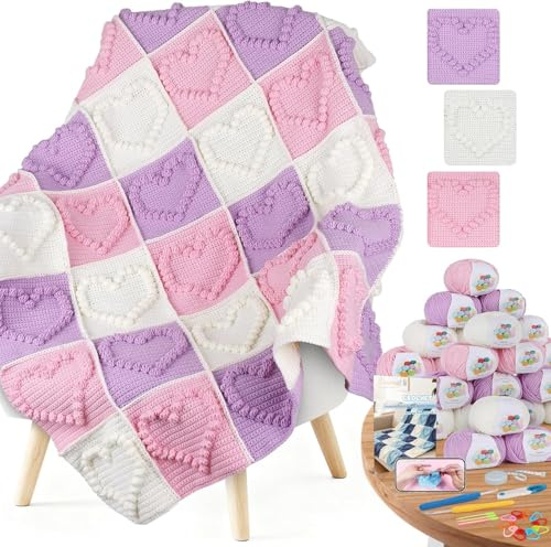 Coopay Kit per coperta all'uncinetto, coperta all'uncinetto per principianti adulti, kit completo all'uncinetto con video passo-passo e abbastanza filo, facile da lavorare all'uncinetto 3D Love Granny