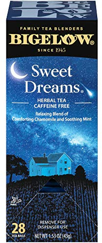 Bigelow Sweet Dreams Herbal Tea 28-Count Box (Pack of 1) Relaxing Blend of Chamomile & Mint Caffeine-Free Nighttime Herbal Tea in Individual Foil-Wrapped Bags
