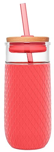 Ello Devon Glass Tumbler with Splash Proof Wooden Lid and Straw, Protective No Sweat Silicone Sleeve, Perfect for Smoothies and Iced Coffee, BPA Free, Dishwasher Safe, 18oz