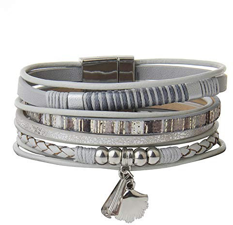 Cheerlife Leder Wickelarmband mit Schale Form Anhänger, Flechtelement Magnetverschluss Armband Geschenk Armschmuck für Mädchen Damen (Grau)