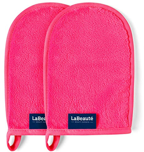 LaBeauté Abschminkhandschuh Mikrofaser (2 Stück, 20x13 cm) waschbar und wiederverwendbar, Make Up Entferner Glove, Abschmink Handschuh, zum Gesicht Abschminken & Gesichtsreinigung (pink)