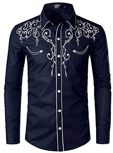 NOBRAND JINYAUN Snygg western cowboyskjorta herr broderi smal passform casual långärmade skjortor bröllopsfest, Marinblått Xsp, L