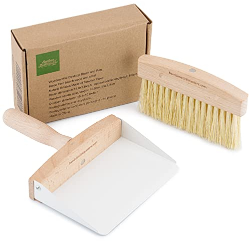 BSM Wooden Desktop Dustpan and Brush | Compact Pan Set for Indoor & Outdoor Dust Sweeping | Ideal for Kitchen, Office & Tables | With Soft Grip and Natural Microfibre Bristles | Cream Colour