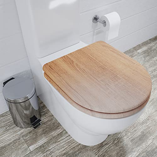 Croydex Levico Flexi-Fix D Shape Toilet Seat Soft Close - Quick Release Button for Easy Cleaning and Adjustable Hinges with Top and Bottom Fixings Included, Antibacterial Treated Surface (Teak)