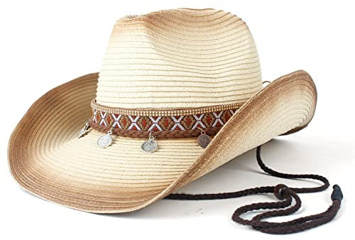 QBQZXAOSOWH Fedora Trilby Cowboyhut Frauen Hohl Western Cowboyhut Dame Stroh Sombrero Beach Cowgirl Jazz Sonnenhut Größe 57-59Cm Creme