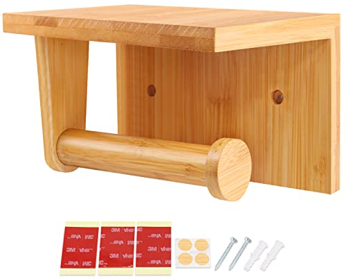 SAUNNIHEN Porta Carta Igienica Adesivo Bambù Naturale, Porta Rotolo Carta Igienica da Parete, Portarotolo Carta Igienica con Ripiano, Autoadesivi o Fissati a Vite