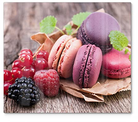 DEQORI Herdabdeckplatte Glas | einteilig 60x52 cm | Motiv Macarons und Beeren | Ceranfeld Abdeckplatte für Küche | Herd-Abdeckung universal | Glasplatte & Schneidebrett für Kochplatten