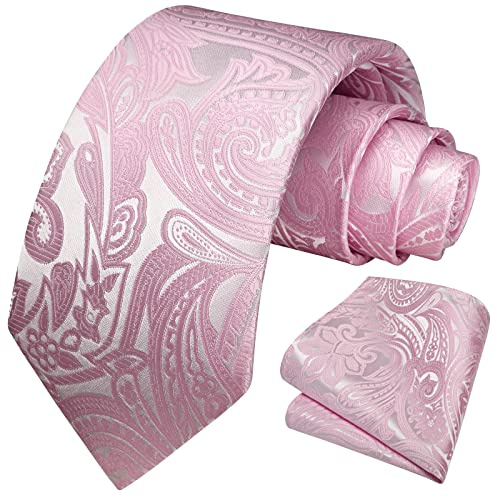 HISDERN Krawatte Rosa Herren Hochzeit Paisley Krawatten und Einstecktuch Set Elegant Blumen Krawatte mit Taschentuch Business Party