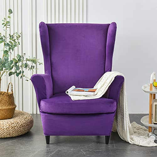 Topchances Samt-Stuhlbezug für Rückenlehne, 2-teiliges Set – 2-in-1-Design, solide, weiche Flügel-Rückenlehne, Armlehnen, Stuhlbezug, Schonbezug, Möbelschutz für Wohnzimmer, Schlafzimmer, Hotel (lila)