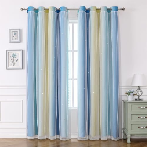 Freyamy Gardinen Blau Beige Weiß Glänzend Sterne Vorhänge Blickdicht Kinderzimmer Halbtransparent H 130 X B 100cm Ösenvorhang 2er Set Mädchen Kindervorhänge Gardinen Verdunkelungsvorhang Wohnzimmer