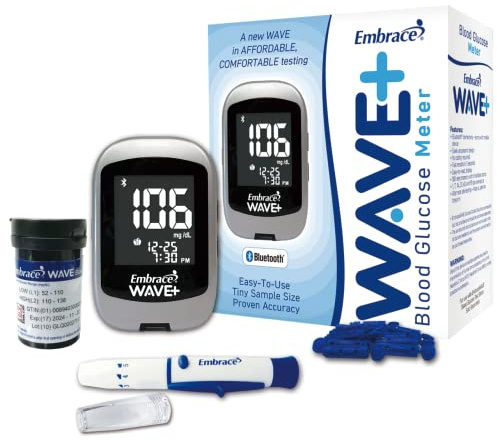 Embrace WAVE+ Bluetooth Diabetes Testing Kit – Embrace WAVE+ Blood Glucose Meter, 50 Blood Test Strips, 1 Lancing Device, 30 Gauge Lancets-50 Count and 1 Carrying Case
