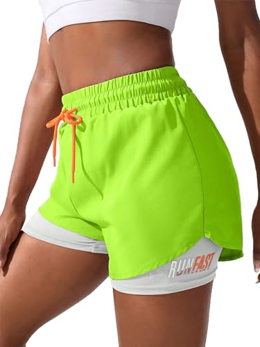 YOAKUKA Short d'entraînement 2 en 1 pour Femme, Gym, Yoga, Course à Pied, Moto, Tennis, vêtements d'été, Vert Fluorescent, Taille M