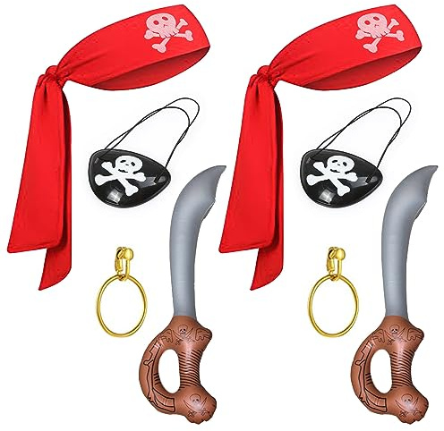 SKHAOVS 8 Stück Piraten Kostüm zubehör Set, Piraten Augenklappen, Piraten Kopftuch, Ohrring, Aufblasbarer Messer, Piratenkostüm Kinder, Piraten Accessoires, für Party Halloween Karneval