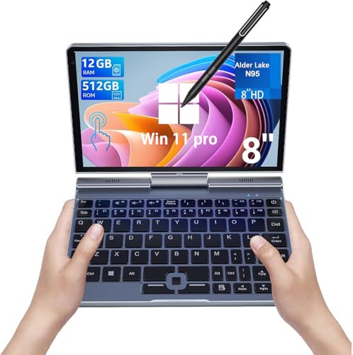 KOOSMILE Mini computer portatile, 8 pollici, touch screen HD, Win 11 Pro, N100 4 core 2-in-1 Pocket PC 12 GB LPDDR5 RAM 512 GB M.2 SSD, Gigabit | Wi-Fi 6 | BT5.2 | Fotocamera da 2 MP |