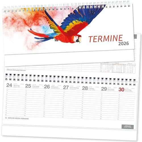 Spiralkalender quer Papagei Tischquerkalender 2026 Wochenplaner 1 Woche 2 Seiten Sonn-und Feiertage in Rot, 128 Seiten in Rot